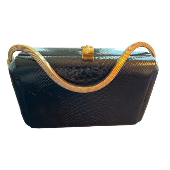 Murray Kruger Vintage Black Leather Purse Handbag Gold Handle Clasp 1940-1960 - Picture 1 of 16